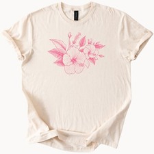 Pink Floral Graphic Tee Hibiscus Blossom Shirt Botanical Top