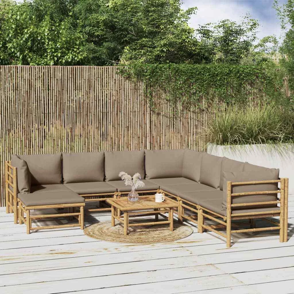 9Pieces Patio Furniture Set Bamboo Outdoor Sectional Sofa Set With Taupe Cushion