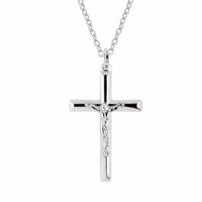 Sterling Silver Polished Italian Crucifix Cross Pendant Necklace (16,18,20,24)