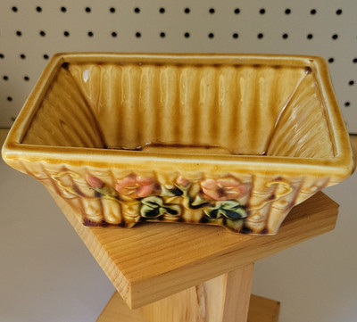 Rectangular Ceramic Floral Relief Bowl Glossy Glaze Brown Beige Pink Green