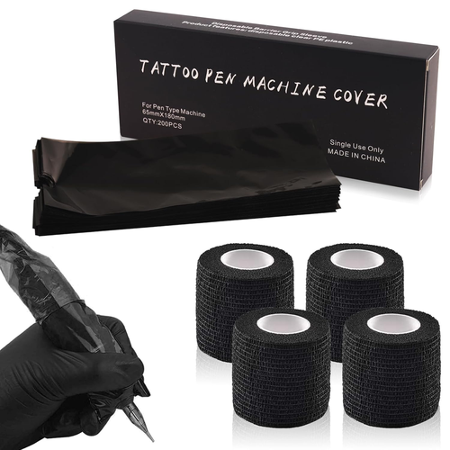 HOINCO Tattoo Maschine Cover Set – 200 Stück Hüllen + 6 Rollen Griffband, Wasserdicht, Rutschfest, Für Tattoo Stifte
