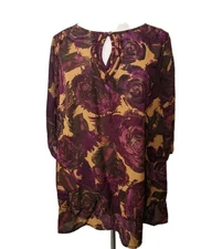 jms just my size 3X Top Brown Purple Floral Keyhole Pullover Ruffle Hem 3/4 Slv