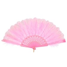 Feather Hand Fan Pink Vintage Folding Fan with Tassel Jade