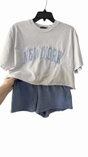 Brandy Melville Conjunto Pantalones Cortos Top Camisa Recortada Nueva York Elástico Elástico Azul O/S