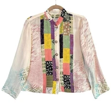 Citron Santa Monica 100% Silk Patchwork Blouse Top Size Medium Boho Art to Wear