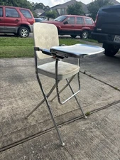 Vntg Folding High Chair - Metal Tray, Vinyl Seat - Gray, Steel - See Photo