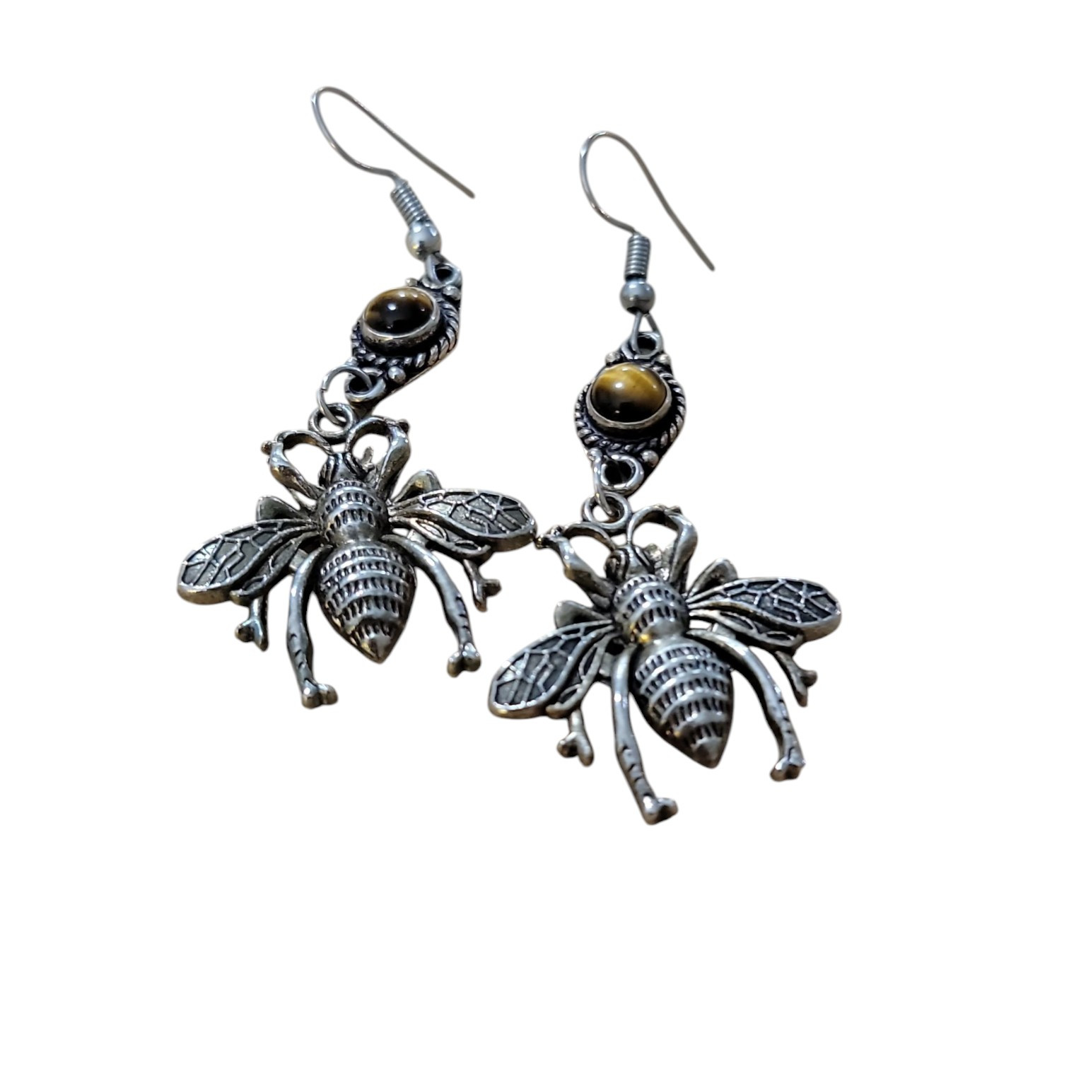 BumbleBee Gemstone Dangle Drop Earrings Brown Jad… - image 1