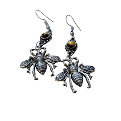 BumbleBee Gemstone Dangle Drop Earrings Brown Jadeite Tiger Eye Stone Insect