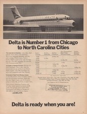 Delta Airlines Number 1 from Chicago to NC Charlotte Raleigh Print Ad 1970