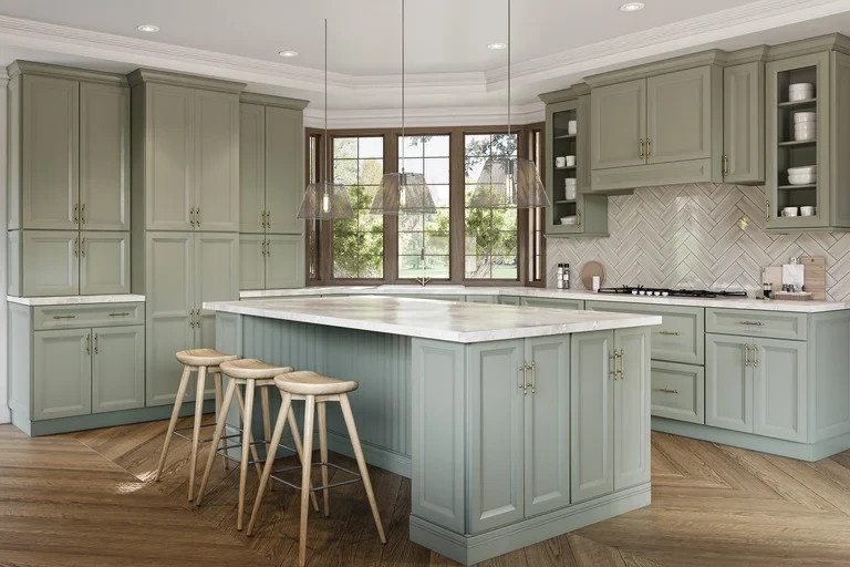 RTA Wood 10X10 Transitional Oxford Sage Kitchen Cabinets Green Bevel Door Style