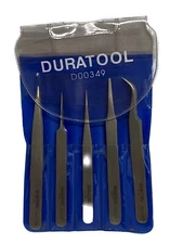 DURATOOL 5-Piece Assorted Precision SS Tweezer Set in Plastic Pouch D00349