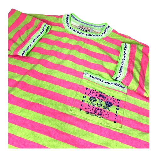 Piggly Wiggly’s Pocket Tee Day Glo Pink Green Stripes Streetwear Vintage 80's L - Picture 4 of 6