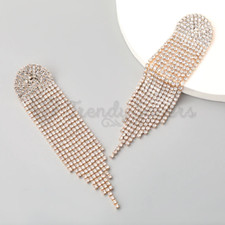 Cubic Zirconia Crystal Rhinestone Statement Long Tassel Ear Dangle Drop Earrings