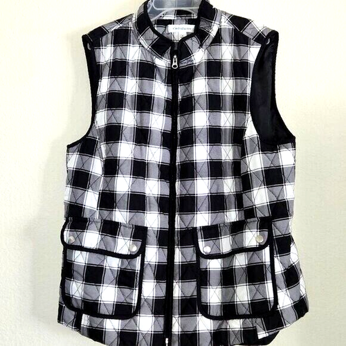 Women's Croft & Barrow Woven Quilted Vest, Black/White Plaid, L