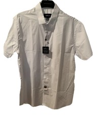 Kenneth Cole Mens Short Slv Dress Button Front Shirt XL White w/ LT Blue Stripe