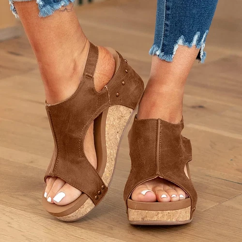 Damen-Sandalen offene Zehenpartie Keilabsatz Knöchelriemen Freizeitverschluss bequeme Schuhe - Bild 4 von 16
