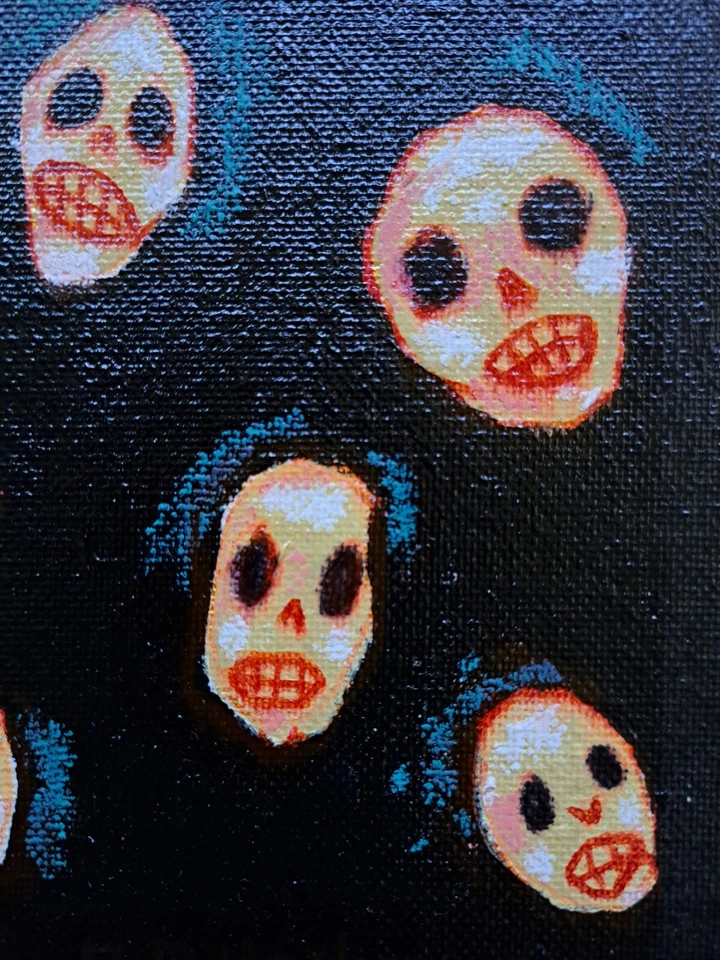 Pintura Calavera Negro Azul Mini "KEWL SKULLS" 5x7 Limitado 1/1 Firmado Foto 3 de 4