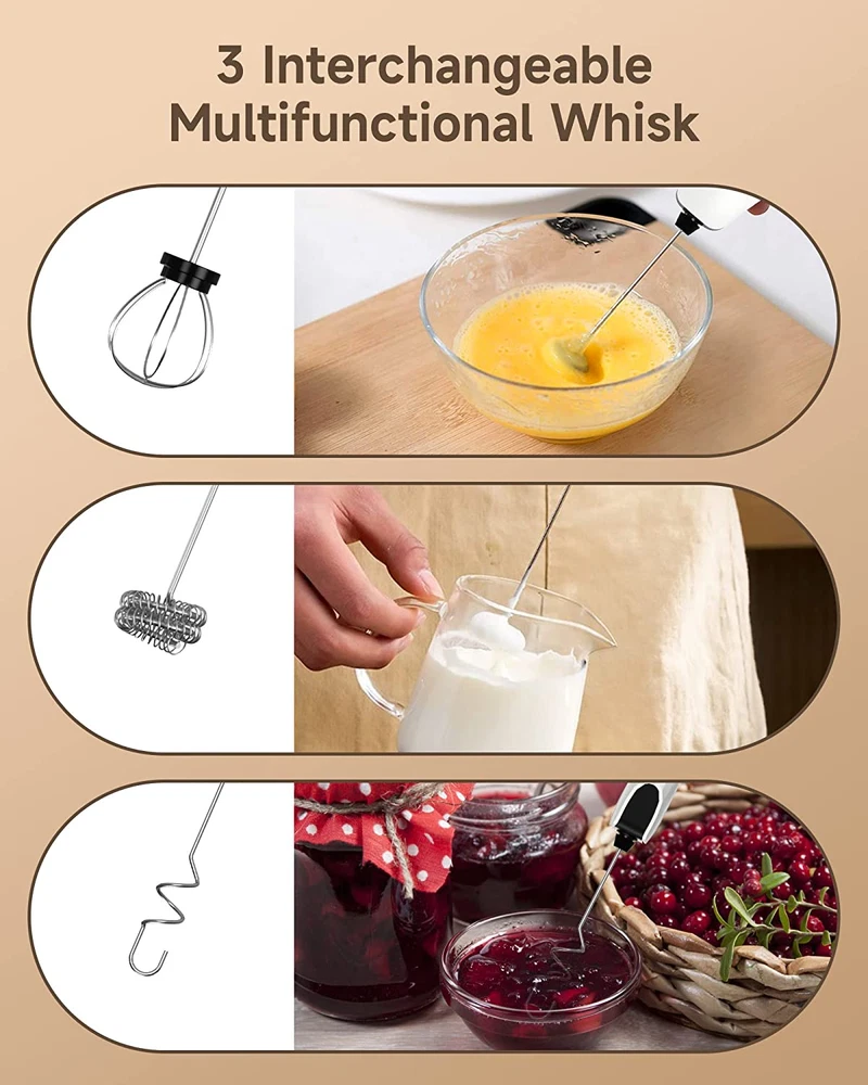 Milk Frother Handheld USB Rechargeable Foam Maker 3 Stainless Whisk Mini Blender