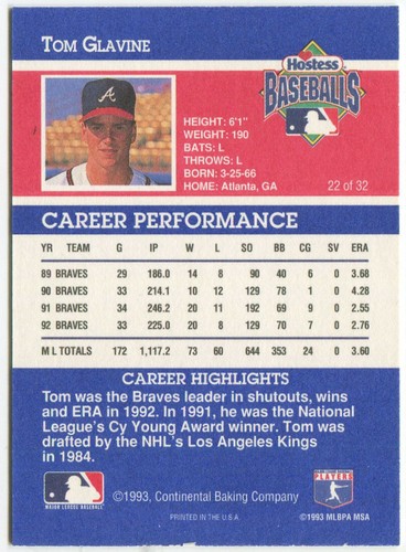 MSA Hostess #22 1993 Tom Glavine Atlanta Braves - Imagen 2 de 2