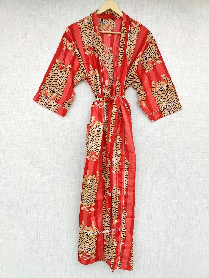 long cotton kimono dressing gown Tropical Print Cotton Bathrobe  Long Kimono Dressing Gown XXL / Aqua