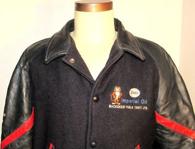 MEN'S VINTAGE 1987 WOOL & LEATHER JACKET! ESSO TIGER LOGO! QUILTED LINING! 46