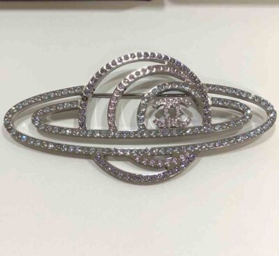 CHANEL CC Logo Rhinestone Saturn Brooch Silver Tone Pin B17K