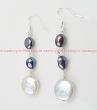 Natural 8-9mm Black Baroque Pearl 11-12mm White Coin Pearl Dangle Earrings