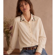 Vintage Rockmount Ranch Wear Cream Embroidered Rose Western Shirt Ruffle Pearl