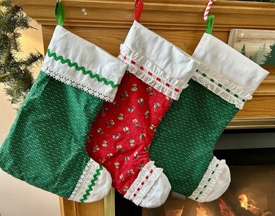 Set of 3 VTG LRG Handmade Red Green Fabric Lace Stockings Grandma Cottage Core