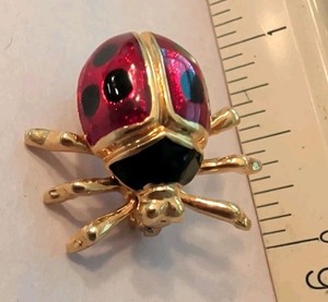 Authentic Vintage Enamel Ladybug Brooch Crystal Gold Plated 7/8"