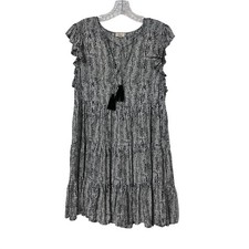 Elam Tiered Mini Dress Women Black White Abstract Print Ruffle Tassel Boho L