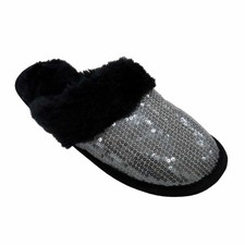 Envision Studio Women Black Silver Sequin Slippers House Shoes Scuff S 5-6