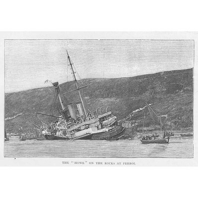 HMS HOWE lief bei Ferrol Spanien auf Grund - antiker Druck 1892