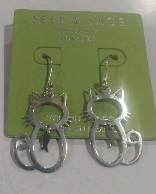 SEED & SAGE Mexico .925 Sterling Silver Moveable Parts Cats w/fish Earrings~New!