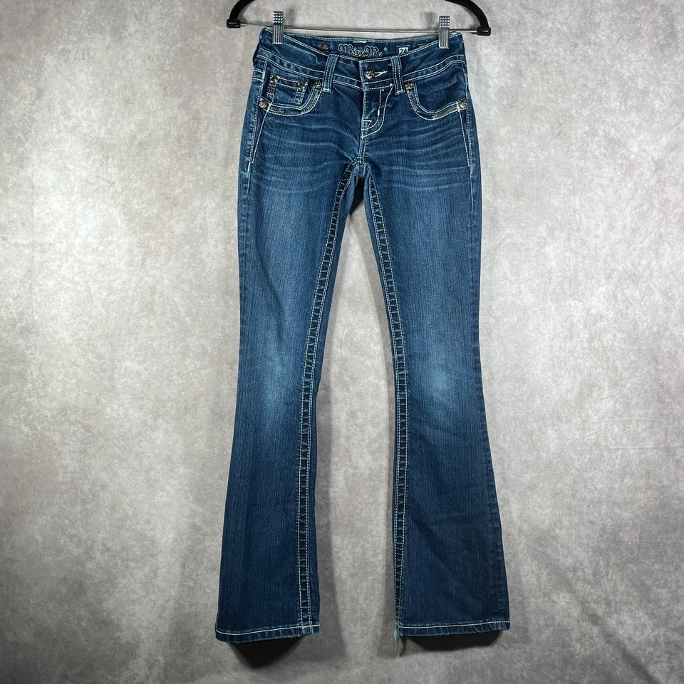 Pantalones de mezclilla Miss Me Boot para mujer 24 azules lavado medio tiro bajo bordados rock western Foto 2 de 4