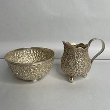 Antique Cream & Sugar Repousse Silver Thabeik Asian Ornamental Myanmar Vtg