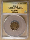 1c 1864-L Indian Cent ANACS Good Details, Cleaned, Scratched * AvenueCoin