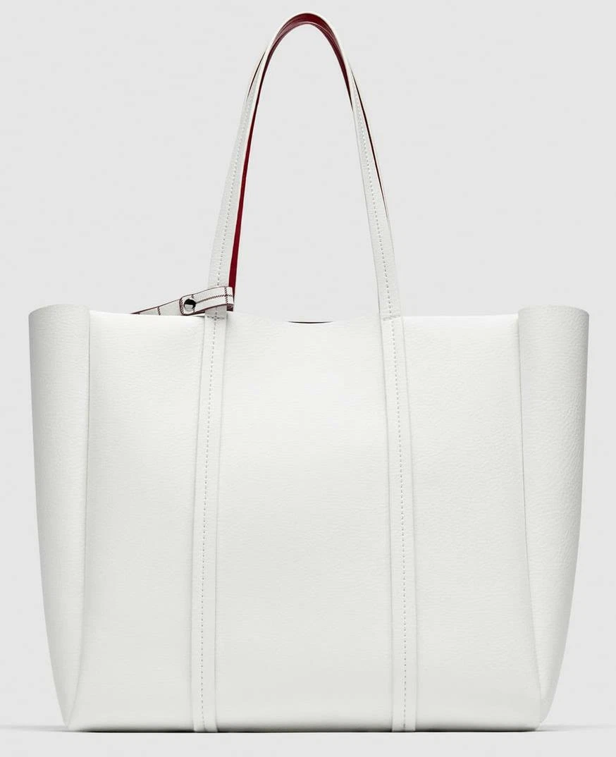 Zara s New Reversible White Red Vegan Leather Tote With Plaid Pouch