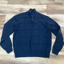Van Heusen Sweater Mens Large Navy Blue Mock Neck 1/4 Zip Textured Windowpane