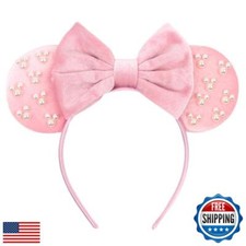 JIAHANG Velvet Mouse Pink Ears Hair Bow Headband with Pearls, Party Decoratio