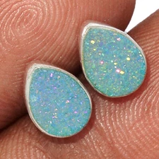 Treated Marine Blue Aura Druzy 925 Sterling Silver Earrings Stud Jewelry CE45210