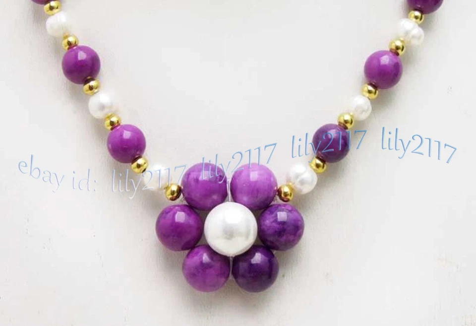 Collar colgante natural de 6-7 mm de perlas blancas de 8 mm de sugilita púrpura gemas redondas de 17"" Foto 2 de 4