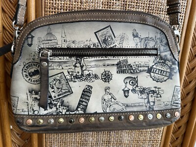 Firenze Bella ItalianLeather Handbag Travel Theme  Crossbody Studded Western Bag