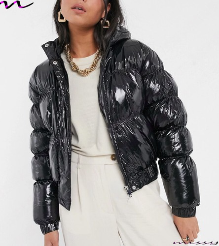 NUEVO SEÑORAS ALTO BRILLO Acolchado Chaqueta Mujer Con Capucha NEGRO Color PUFFER | eBay