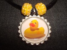 Black Ribbon Cord Bottle Cap Bling Charm Necklace Beads Rubber Duck Bath Quack 