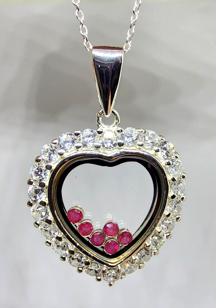 Sterling Silver Floating Heart Window Ruby Stones… - image 2