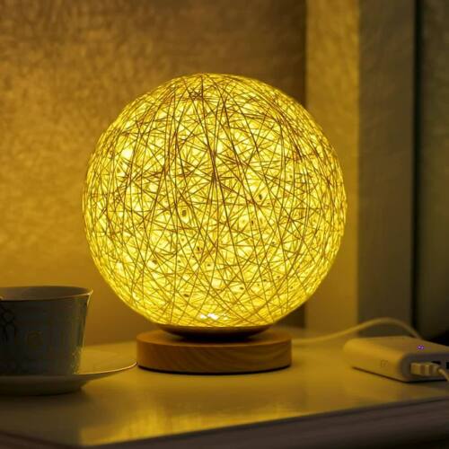 USB night light table lamp bedside lighting rattan ball shade wood base dimmable - Picture 1 of 12