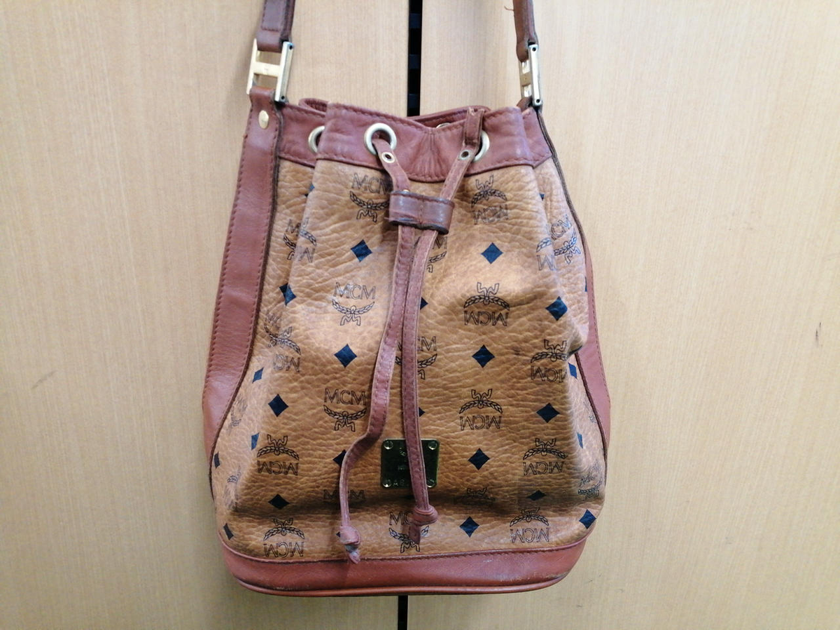VINTAGE MCM DRAWSTRING BUCKET BAG COGNAC MONOGRAM Medium 