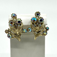 VTG Coro Aurora Borealis Rhinestone Floral Clip On Earrings Gold Tone Classic