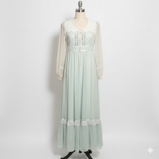 VTG 70s Gunne Sax Corset Maxi Dress S 7 Blue Long Sleeve Lace Prairie Boho